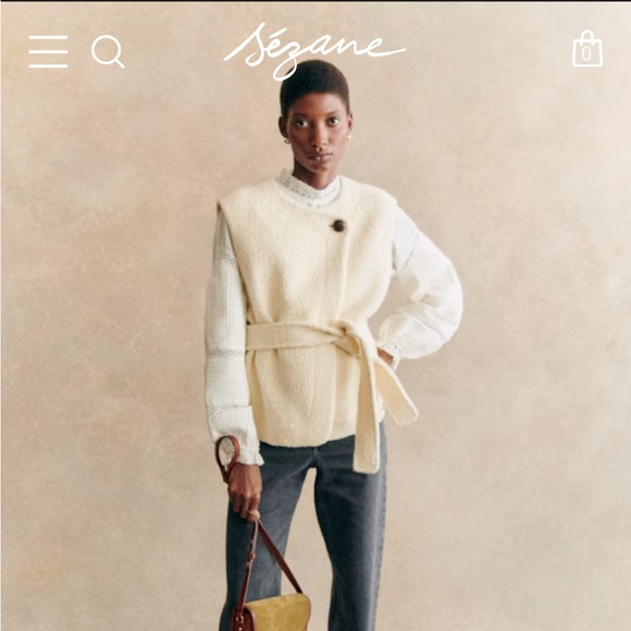 Sezane Cream Textured Sebastine Jacket Button Vest Top With Belt Tie Size 40 - Picture 2 of 10